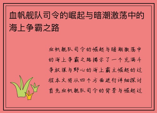 血帆舰队司令的崛起与暗潮激荡中的海上争霸之路